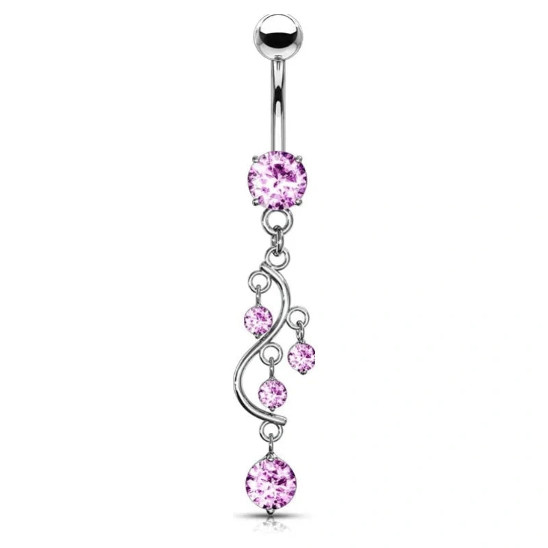 14G Stainless Steel CZ Crystal Vine Belly Button Ring – Dangle Navel Jewelry