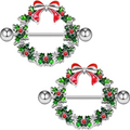 14G Christmas Nipple Barbells Garland Ring - 316L Surgical Stainless Steel Women's Body Piercing Jewelry With Small Bell