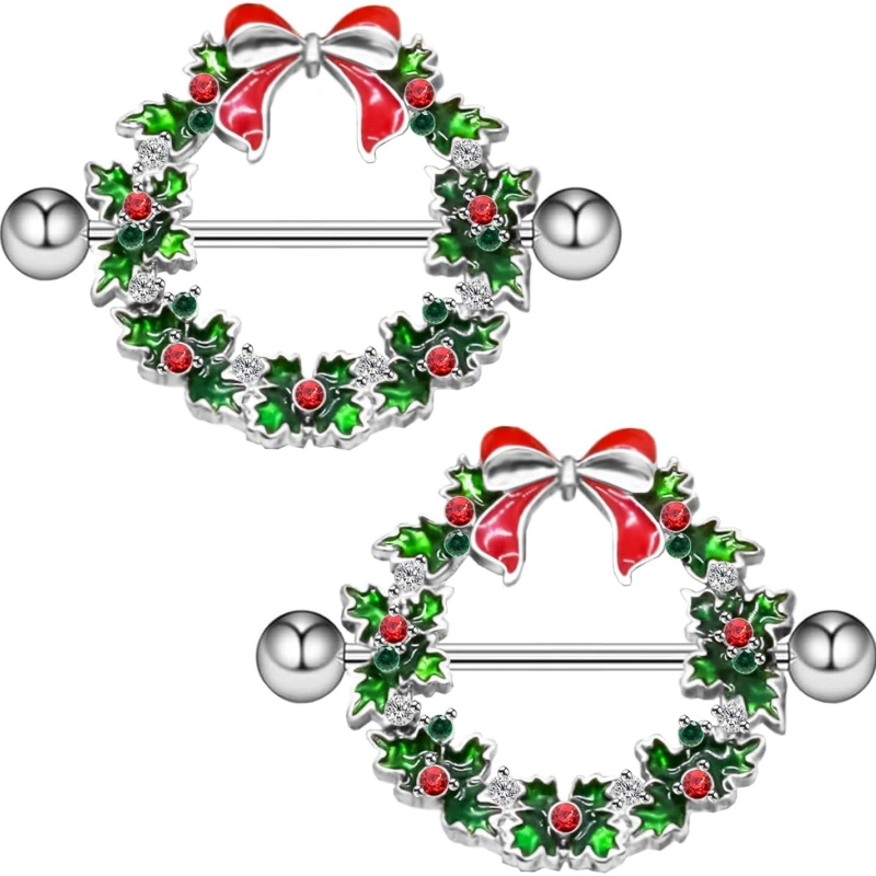14G Christmas Nipple Barbells Garland Ring - 316L Surgical Stainless Steel Women's Body Piercing Jewelry With Small Bell