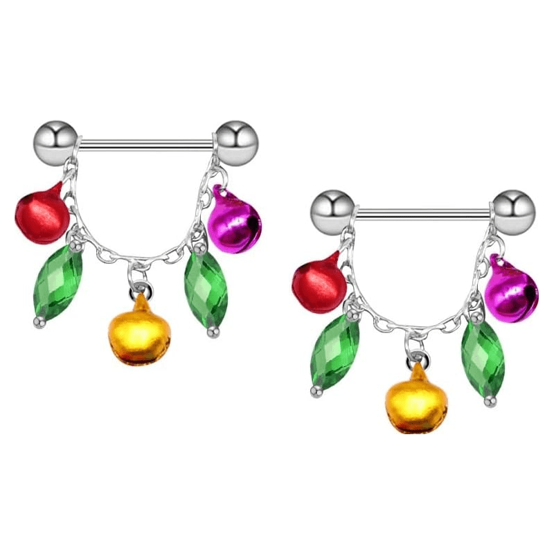 14G Christmas tassels Barbell Red Green Gold Cubic Zircon Jingle Bell Dangle Nipple Tongue Rings