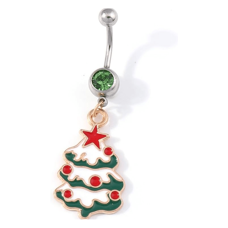 14g Christmas Tree Surgical Steel Green Belly Button Ring Cute Dangle Screw Studs Barbell Piercings