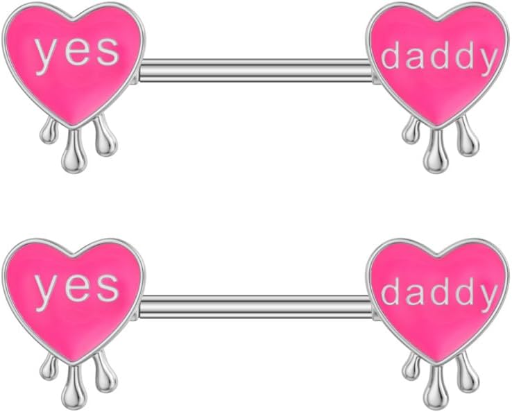 14G Pink Heart Letter Nipple Rings 316L Surgical Steel Nipple Barbell Yes Daddy Naughty Words Nipplerings Nipple Piercing Jewelry for Women
