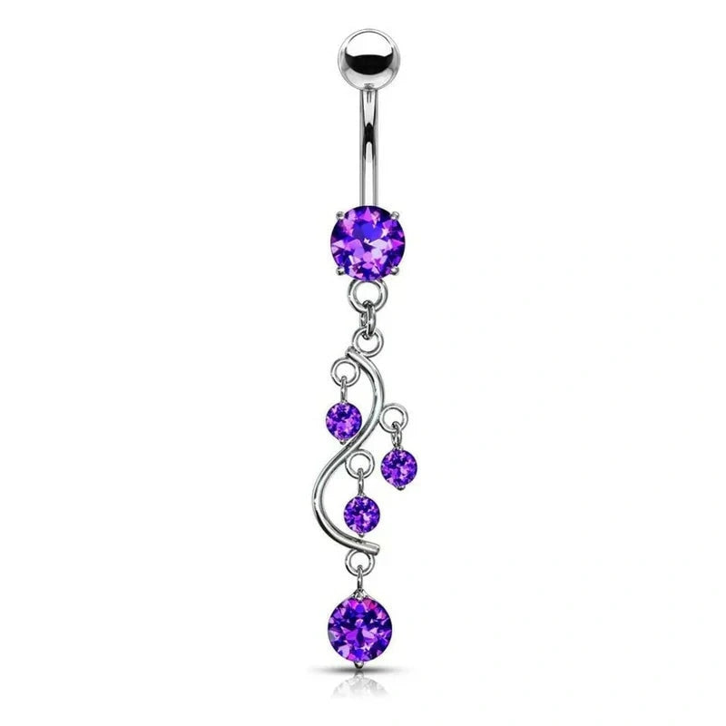 14G Stainless Steel CZ Crystal Vine Belly Button Ring – Dangle Navel Jewelry