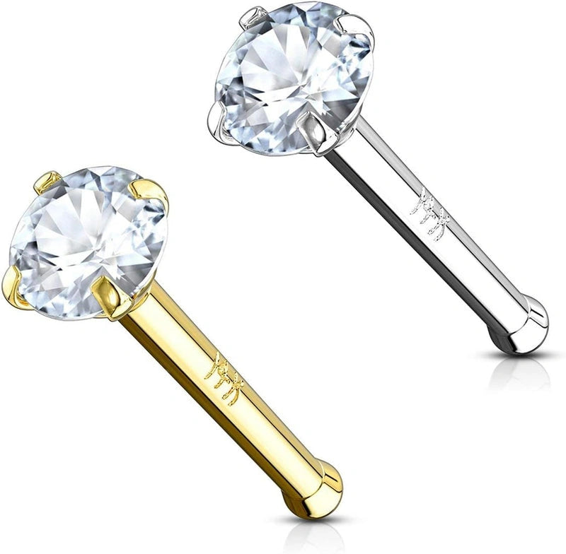 14k Gold Nose Ring 2mm CZ Simulated Diamond Non-Irritating Skin Safe Real Gold
