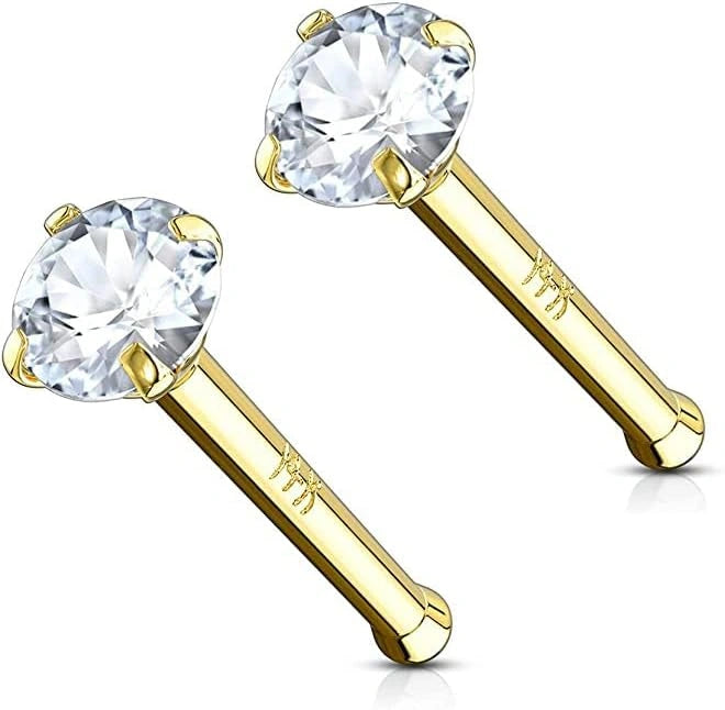 14k Gold Nose Ring 2mm CZ Simulated Diamond Non-Irritating Skin Safe Real Gold