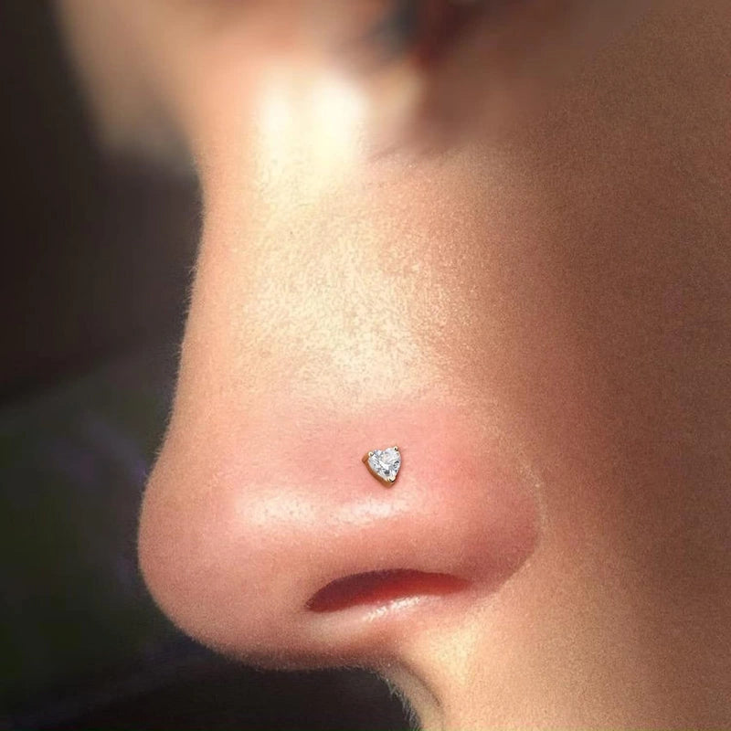 14K Solid Gold Heart Nose Stud – 20G & 22G Bone and L-Shaped Nose Jewelry