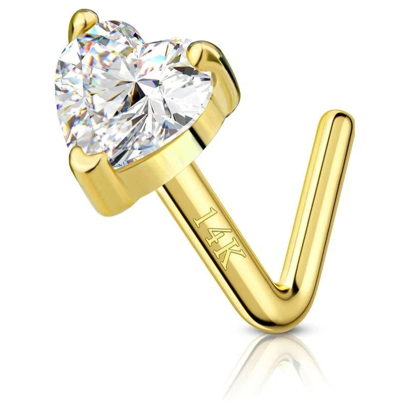 14K Solid Gold Heart Nose Stud – 20G & 22G Bone and L-Shaped Nose Jewelry