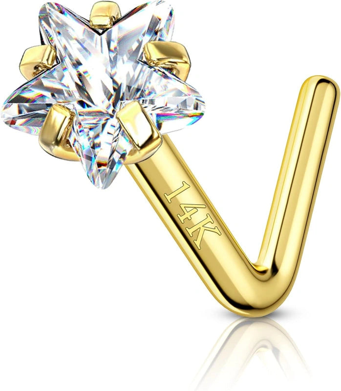 14K Solid Gold Heart Nose Stud – 20G & 22G Bone and L-Shaped Nose Jewelry