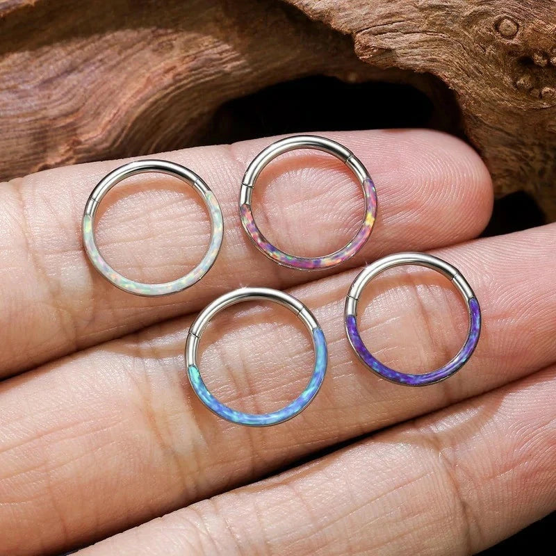 16G Opal Septum Ring 316L Stainless Steel Hinged Segment Clicker Hoop