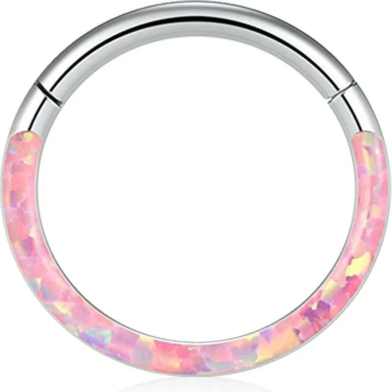 16G Opal Septum Ring 316L Stainless Steel Hinged Segment Clicker Hoop
