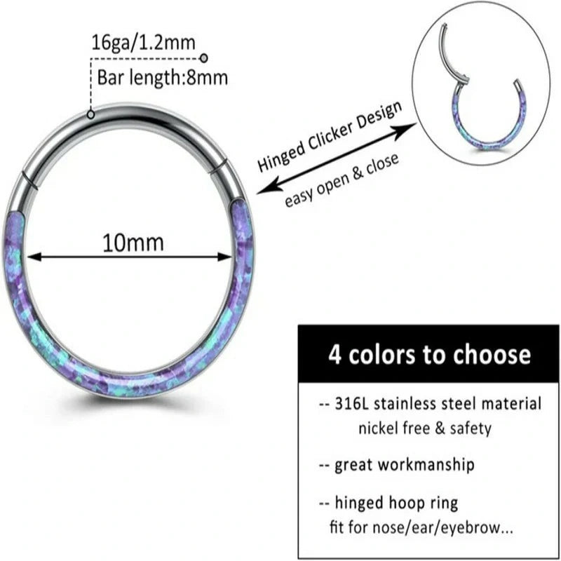 16G Opal Septum Ring 316L Stainless Steel Hinged Segment Clicker Hoop