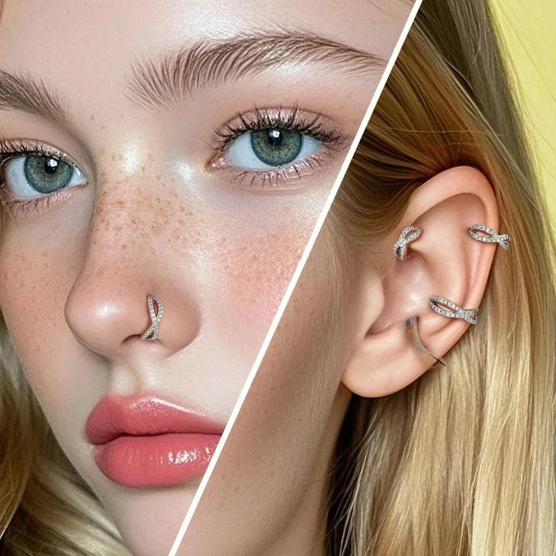 18G 6mm 316L Surgical Steel CZ Clicker Nose Ring Hoop Double Crossover