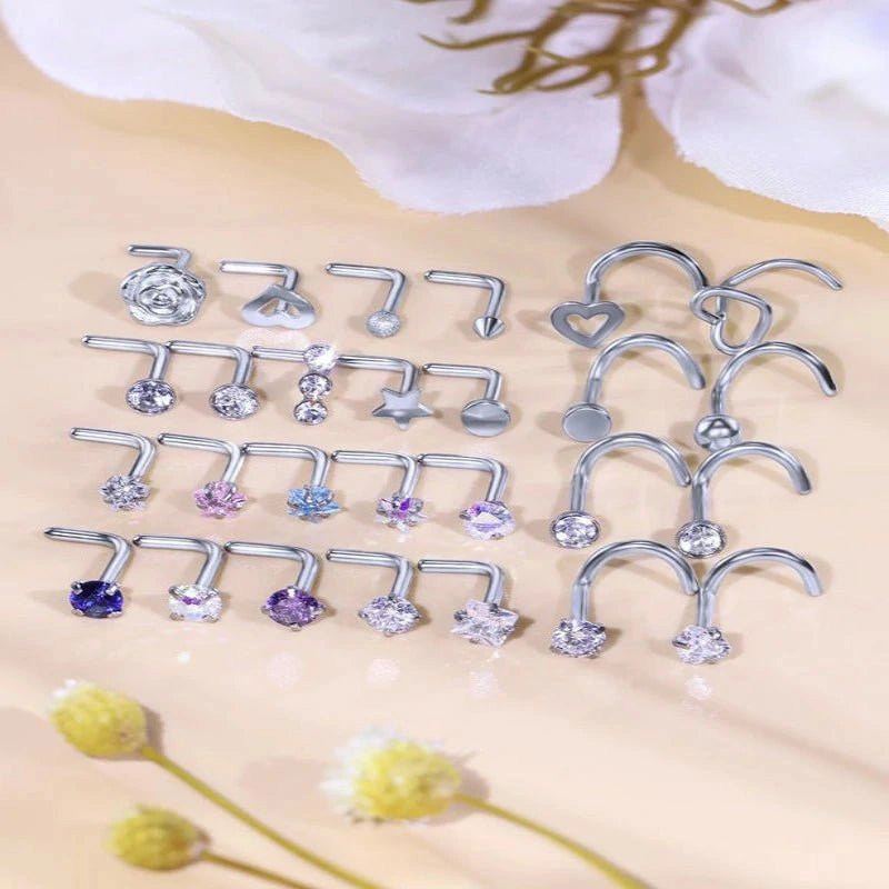 Bonus Surprise Bundle 42pcs 20G 18G 16G 316L Surgical Steel Nose Studs L-Shaped Screw Nose Rings