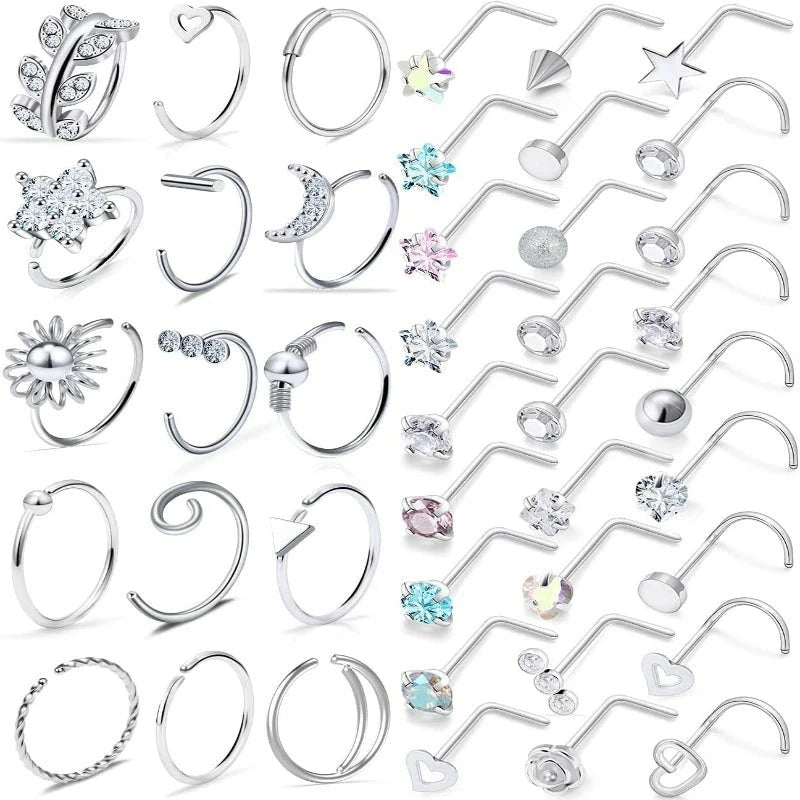 Bonus Surprise Bundle 42pcs 20G 18G 16G 316L Surgical Steel Nose Studs L-Shaped Screw Nose Rings