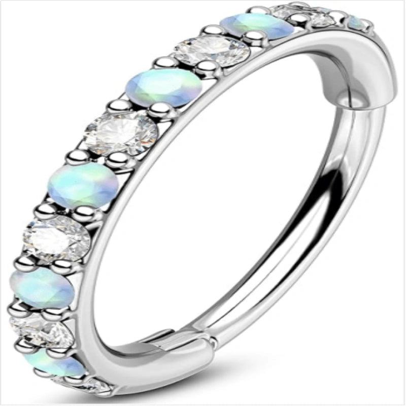 20G Opal CZ Nose Ring 316L Surgical Steel Hinged Segment Clicker Hoop