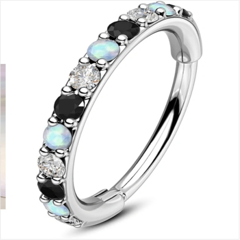 20G Opal CZ Nose Ring 316L Surgical Steel Hinged Segment Clicker Hoop