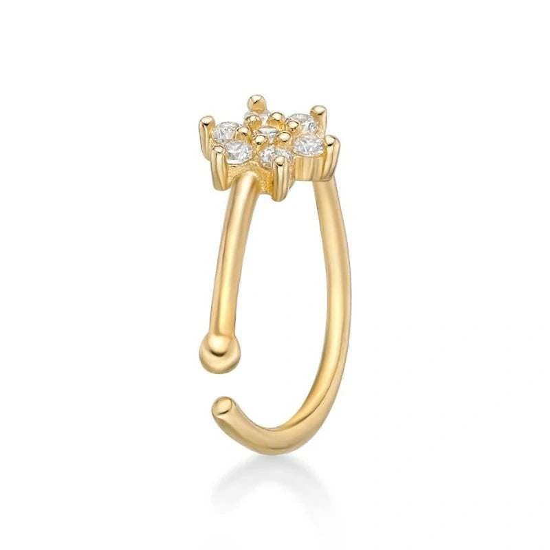 20G 14K Gold Flower Cluster Nose Ring Lab-Grown Diamond Open Hoop