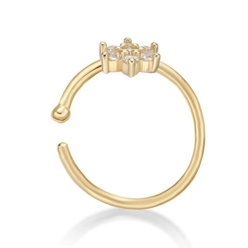 20G 14K Gold Flower Cluster Nose Ring Lab-Grown Diamond Open Hoop