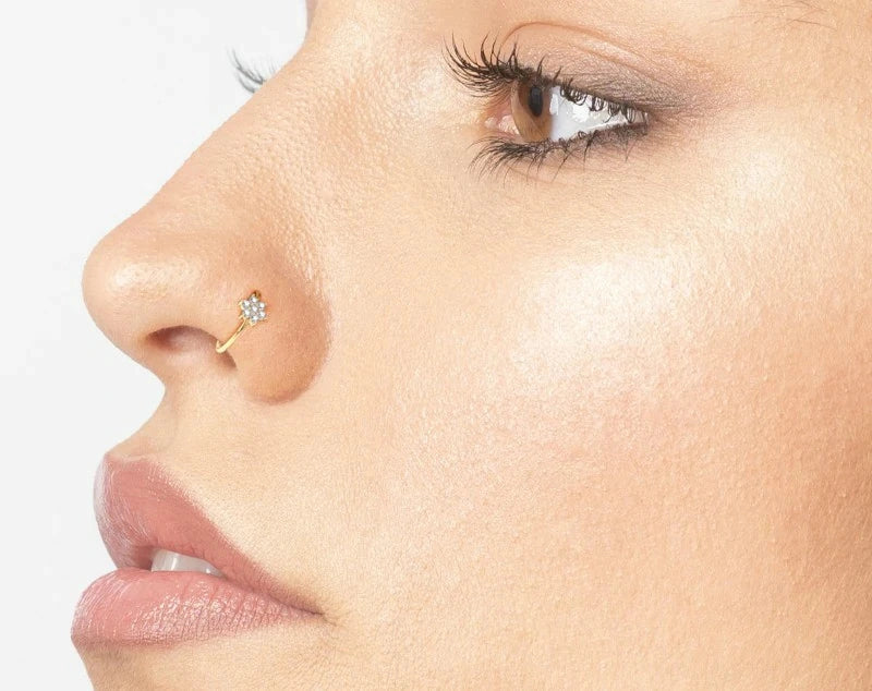 20G 14K Gold Flower Cluster Nose Ring Lab-Grown Diamond Open Hoop