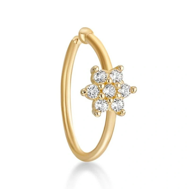 20G 14K Gold Flower Cluster Nose Ring Lab-Grown Diamond Open Hoop