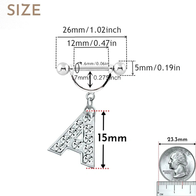 2Pcs 14GA Stainless Steel Nipple Rings Name Initial Letter Nipple Barbell Alphabet Hypoallergenic