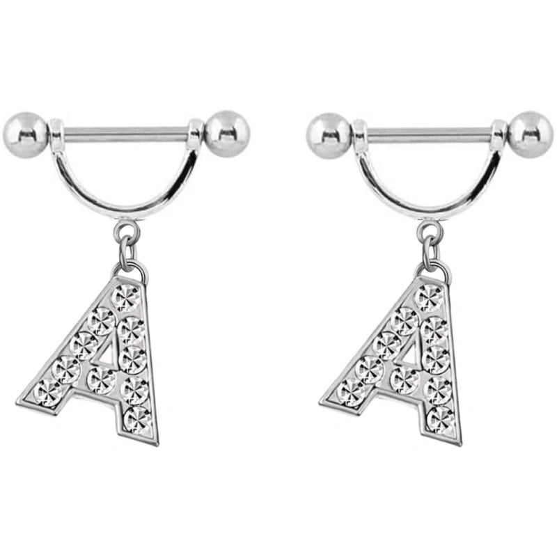 2Pcs 14GA Stainless Steel Nipple Rings Name Initial Letter Nipple Barbell Alphabet Hypoallergenic