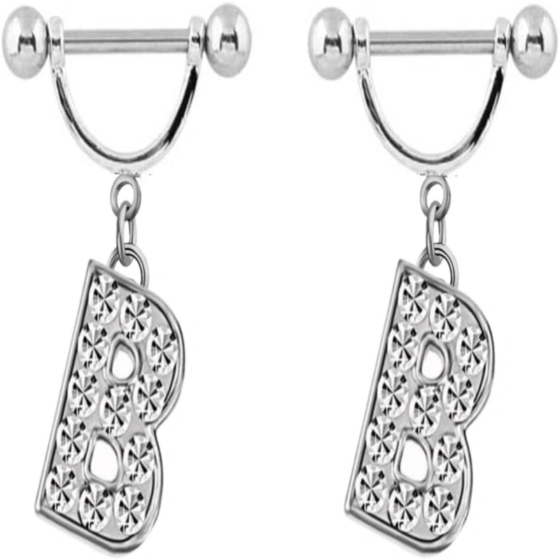 2Pcs 14GA Stainless Steel Nipple Rings Name Initial Letter Nipple Barbell Alphabet Hypoallergenic