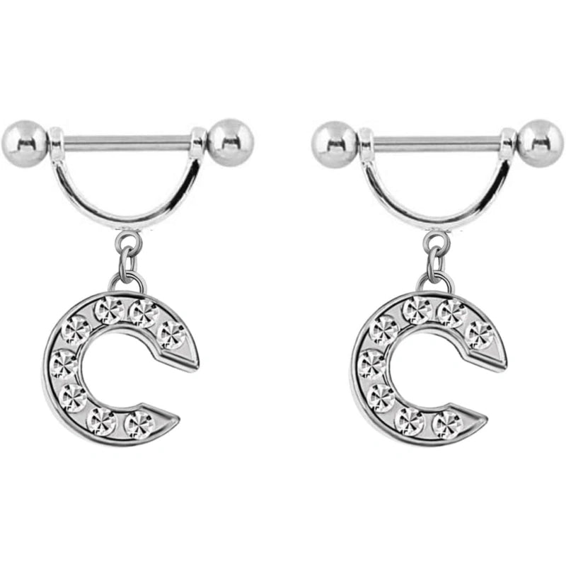 2Pcs 14GA Stainless Steel Nipple Rings Name Initial Letter Nipple Barbell Alphabet Hypoallergenic