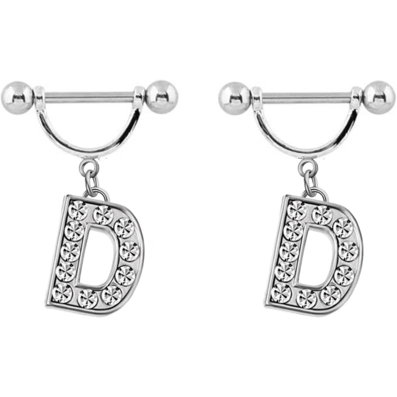 2Pcs 14GA Stainless Steel Nipple Rings Name Initial Letter Nipple Barbell Alphabet Hypoallergenic