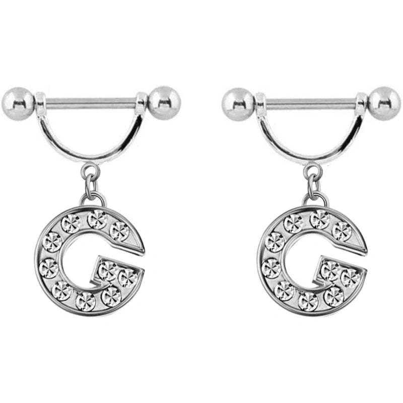 2Pcs 14GA Stainless Steel Nipple Rings Name Initial Letter Nipple Barbell Alphabet Hypoallergenic