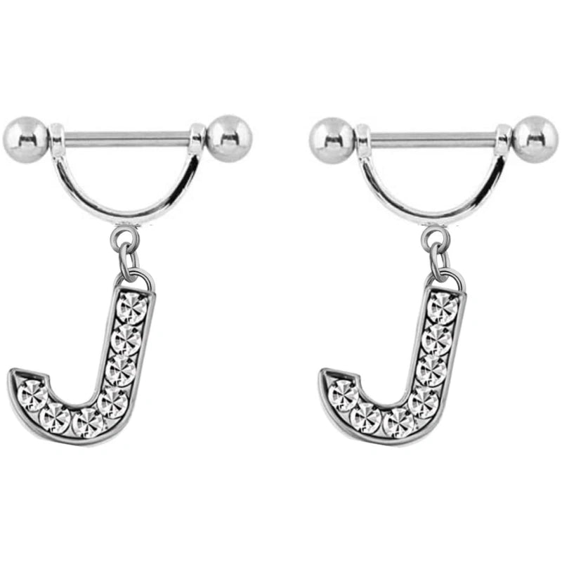 2Pcs 14GA Stainless Steel Nipple Rings Name Initial Letter Nipple Barbell Alphabet Hypoallergenic