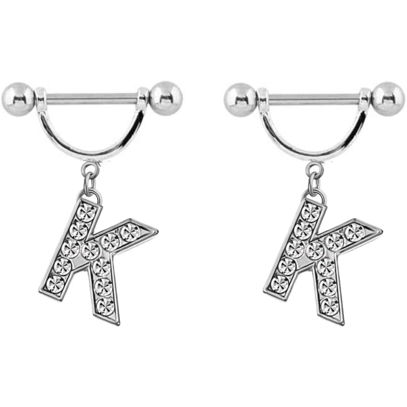 2Pcs 14GA Stainless Steel Nipple Rings Name Initial Letter Nipple Barbell Alphabet Hypoallergenic