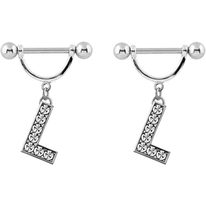 2Pcs 14GA Stainless Steel Nipple Rings Name Initial Letter Nipple Barbell Alphabet Hypoallergenic