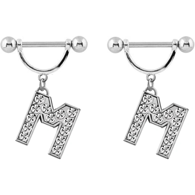 2Pcs 14GA Stainless Steel Nipple Rings Name Initial Letter Nipple Barbell Alphabet Hypoallergenic