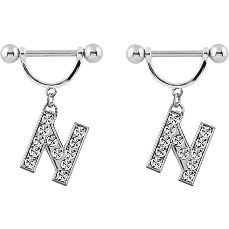 2Pcs 14GA Stainless Steel Nipple Rings Name Initial Letter Nipple Barbell Alphabet Hypoallergenic