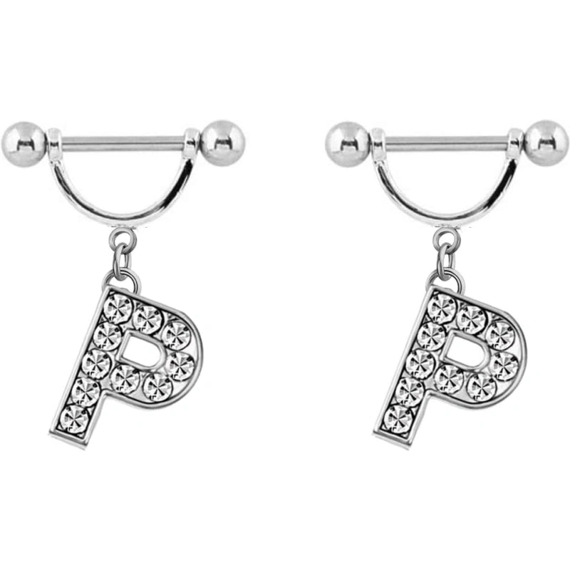 2Pcs 14GA Stainless Steel Nipple Rings Name Initial Letter Nipple Barbell Alphabet Hypoallergenic