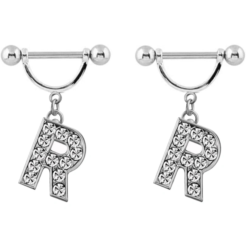 2Pcs 14GA Stainless Steel Nipple Rings Name Initial Letter Nipple Barbell Alphabet Hypoallergenic