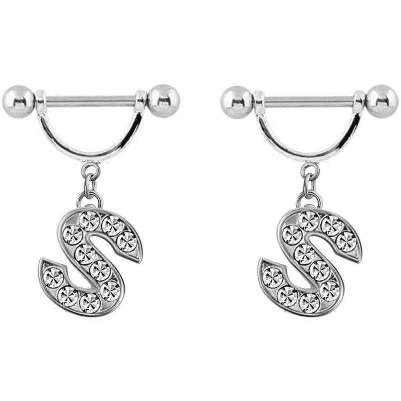 2Pcs 14GA Stainless Steel Nipple Rings Name Initial Letter Nipple Barbell Alphabet Hypoallergenic