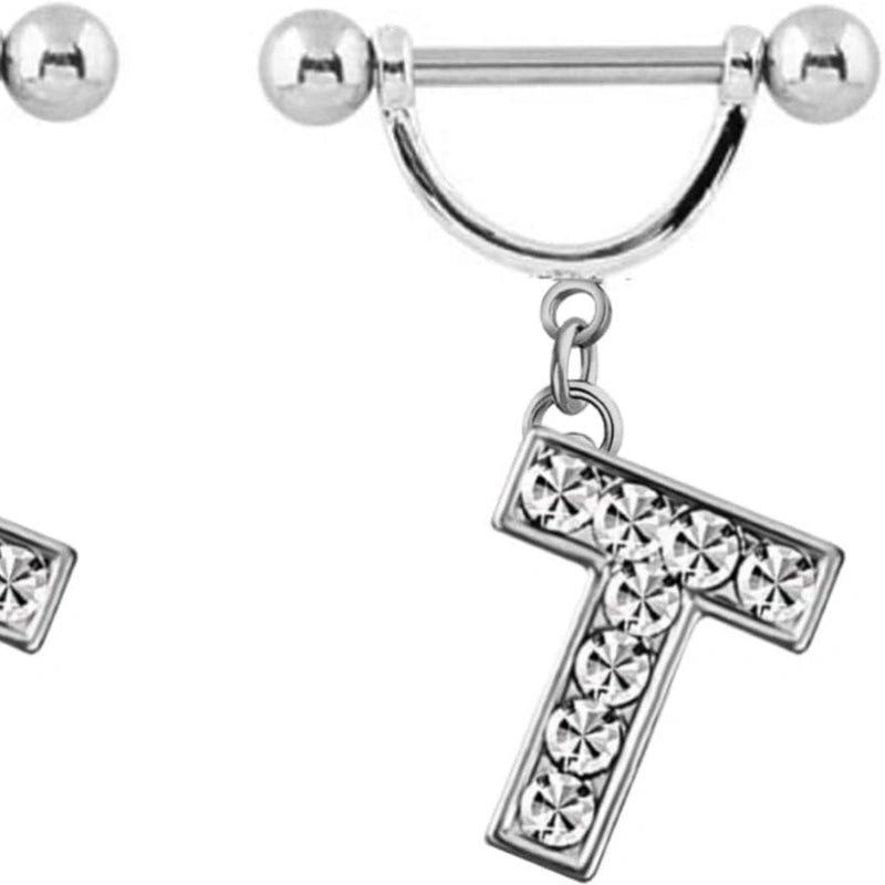 2Pcs 14GA Stainless Steel Nipple Rings Name Initial Letter Nipple Barbell Alphabet Hypoallergenic