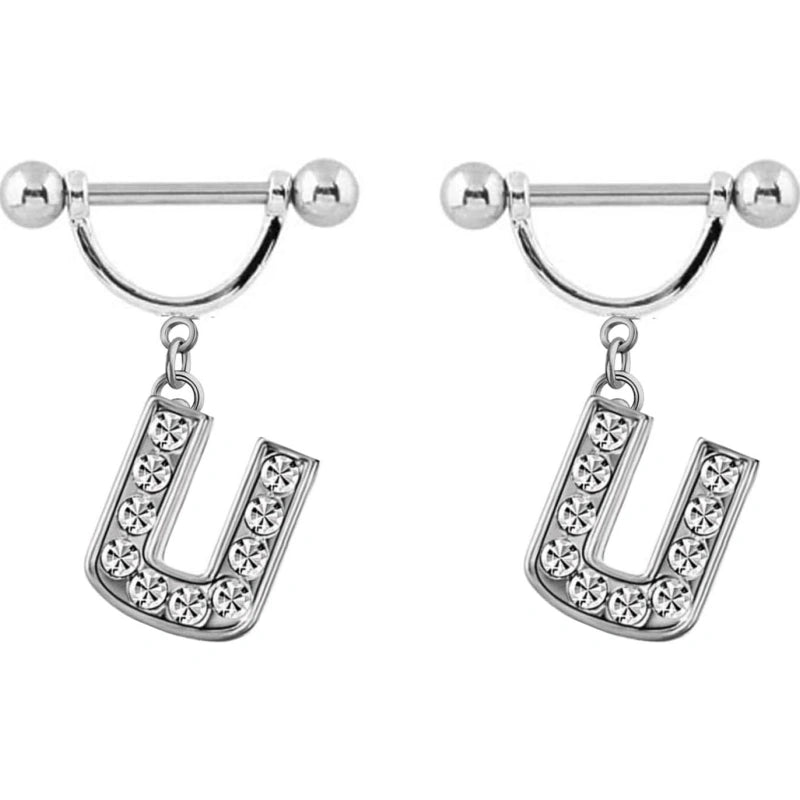 2Pcs 14GA Stainless Steel Nipple Rings Name Initial Letter Nipple Barbell Alphabet Hypoallergenic