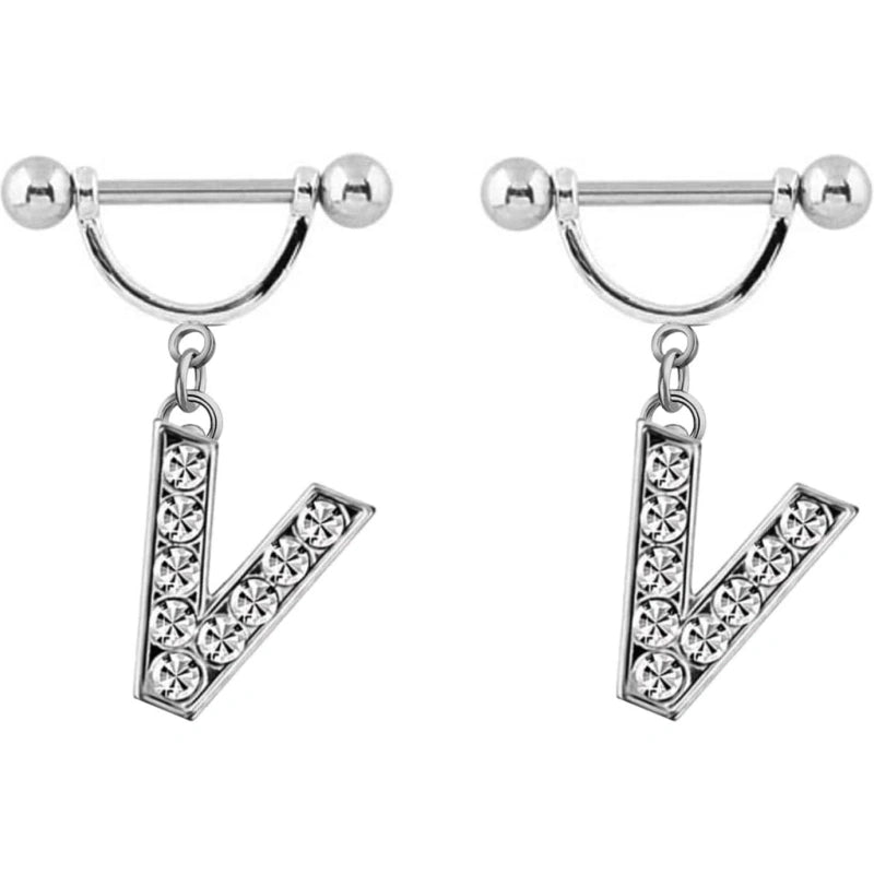 2Pcs 14GA Stainless Steel Nipple Rings Name Initial Letter Nipple Barbell Alphabet Hypoallergenic