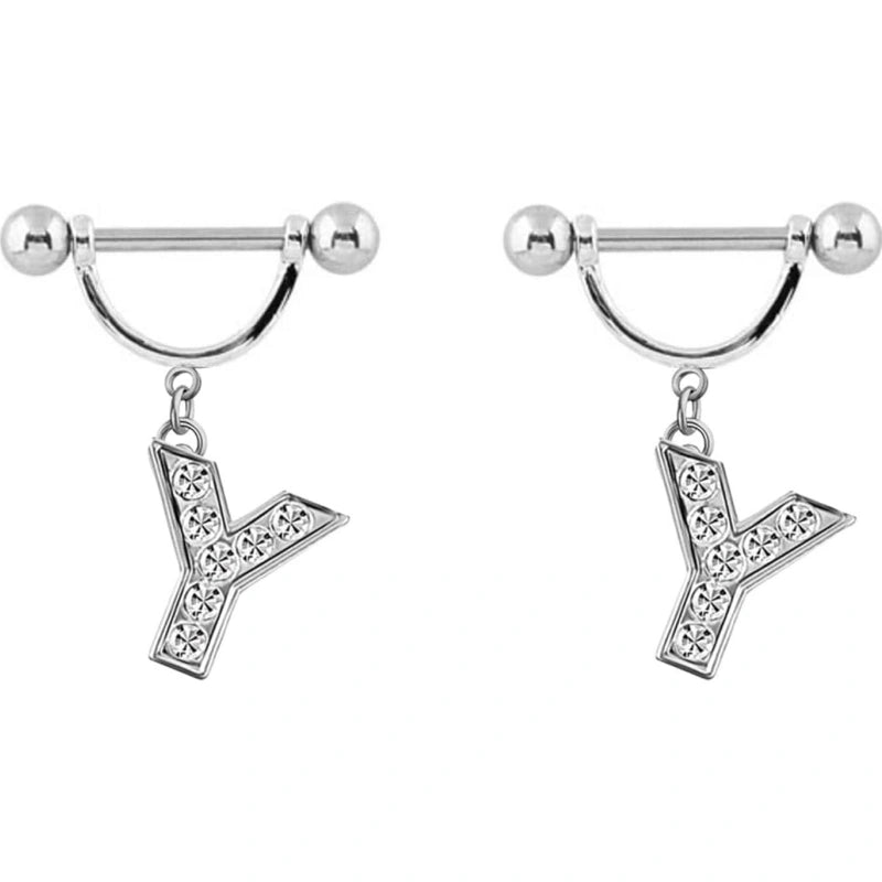 2Pcs 14GA Stainless Steel Nipple Rings Name Initial Letter Nipple Barbell Alphabet Hypoallergenic