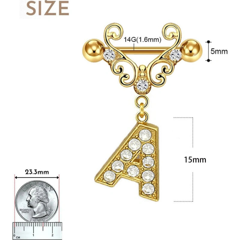 14G Gold Initial Dangle Nipple Rings – 316L Stainless Steel CZ Nipple Jewelry, Pair