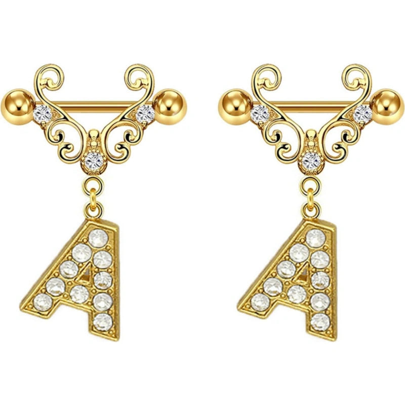 14G Gold Initial Dangle Nipple Rings – 316L Stainless Steel CZ Nipple Jewelry, Pair