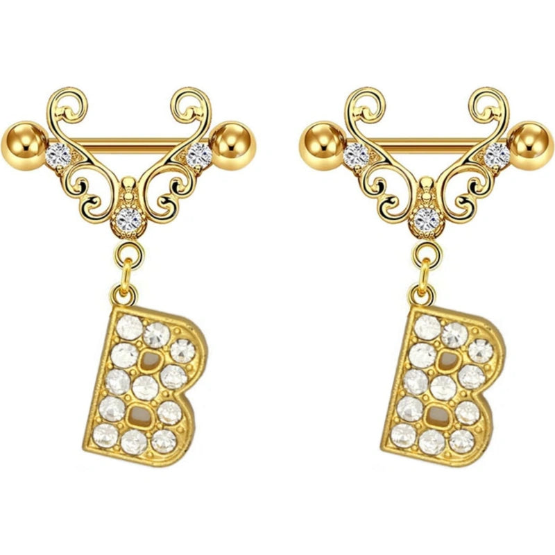 14G Gold Initial Dangle Nipple Rings – 316L Stainless Steel CZ Nipple Jewelry, Pair