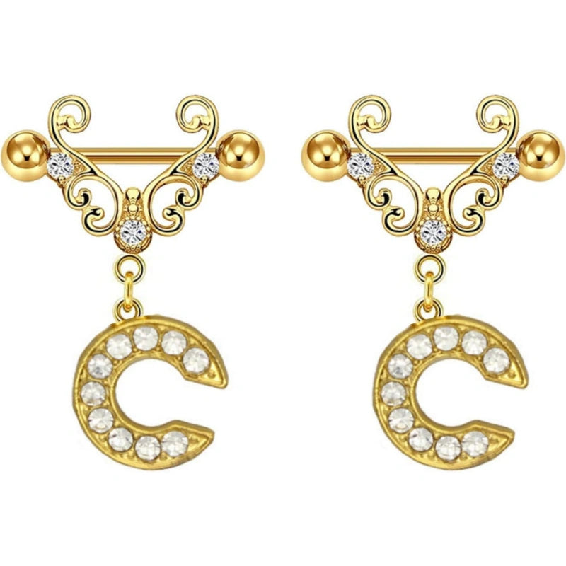 14G Gold Initial Dangle Nipple Rings – 316L Stainless Steel CZ Nipple Jewelry, Pair