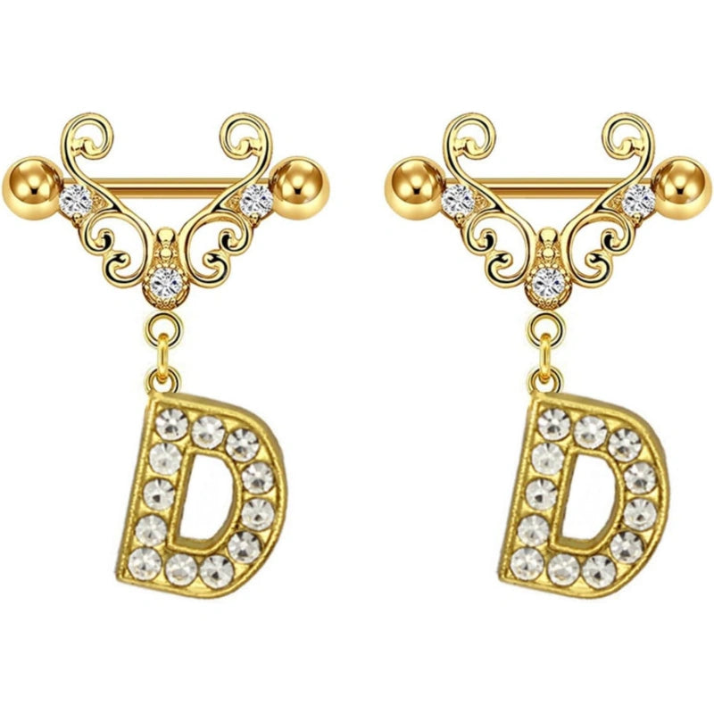 14G Gold Initial Dangle Nipple Rings – 316L Stainless Steel CZ Nipple Jewelry, Pair
