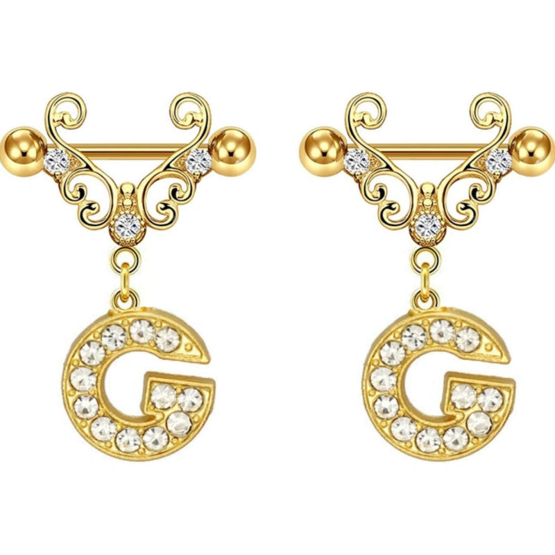 14G Gold Initial Dangle Nipple Rings – 316L Stainless Steel CZ Nipple Jewelry, Pair
