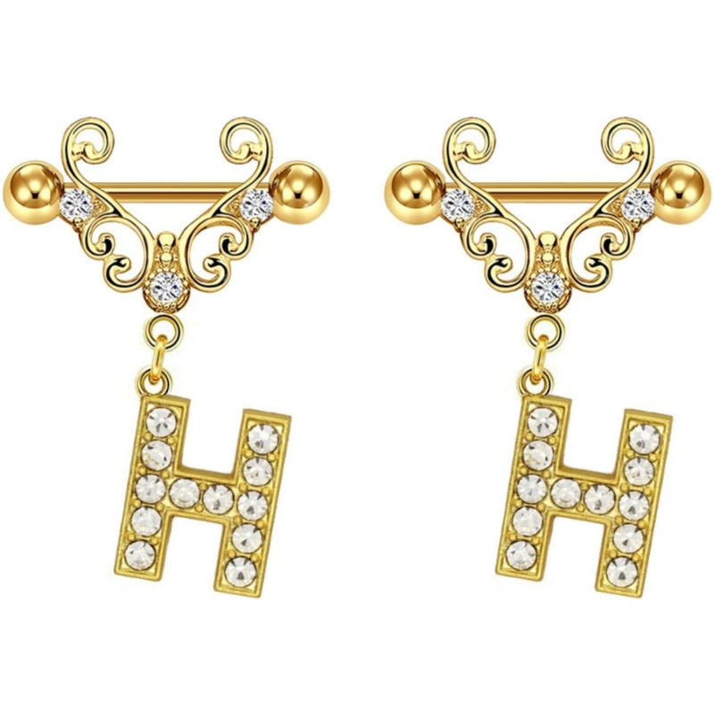 14G Gold Initial Dangle Nipple Rings – 316L Stainless Steel CZ Nipple Jewelry, Pair