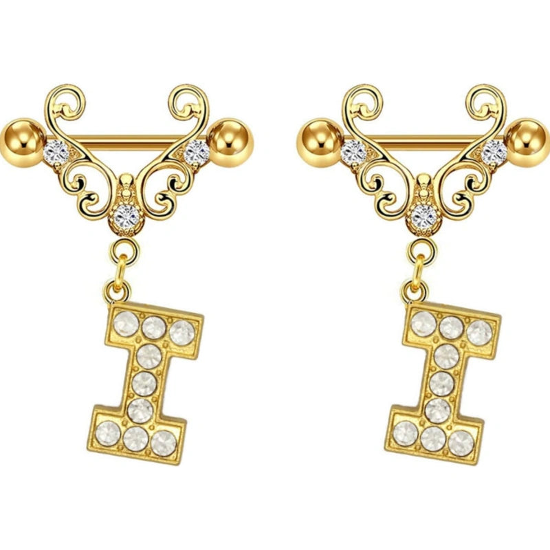 14G Gold Initial Dangle Nipple Rings – 316L Stainless Steel CZ Nipple Jewelry, Pair